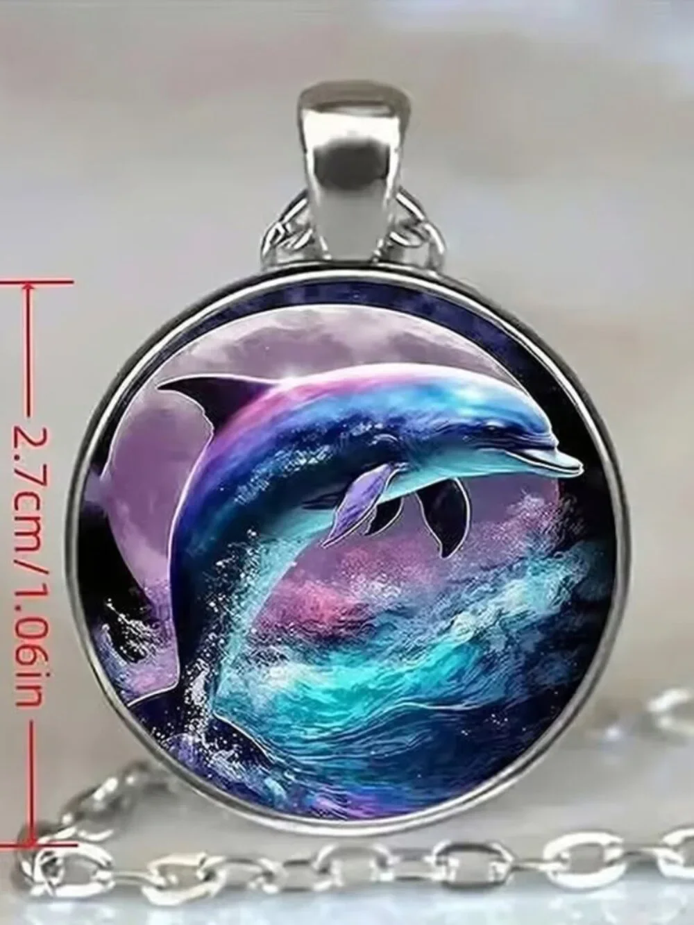 Silver DOLPHIN Glass Cabochon Pendant Necklace
